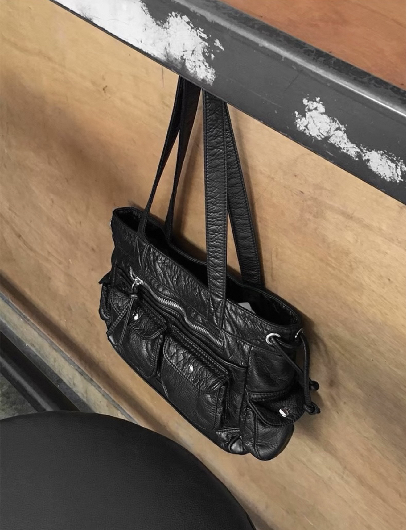 ANNA AMMONS Edgy Biker Shoulder Bag - Soft Leather Multi-Pocket Cargo Purse - ANNA AMMONS