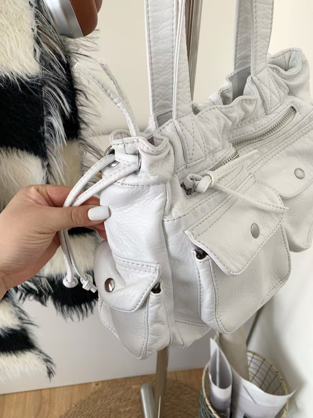 ANNA AMMONS Edgy Biker Shoulder Bag - Soft Leather Multi-Pocket Cargo Purse - ANNA AMMONS