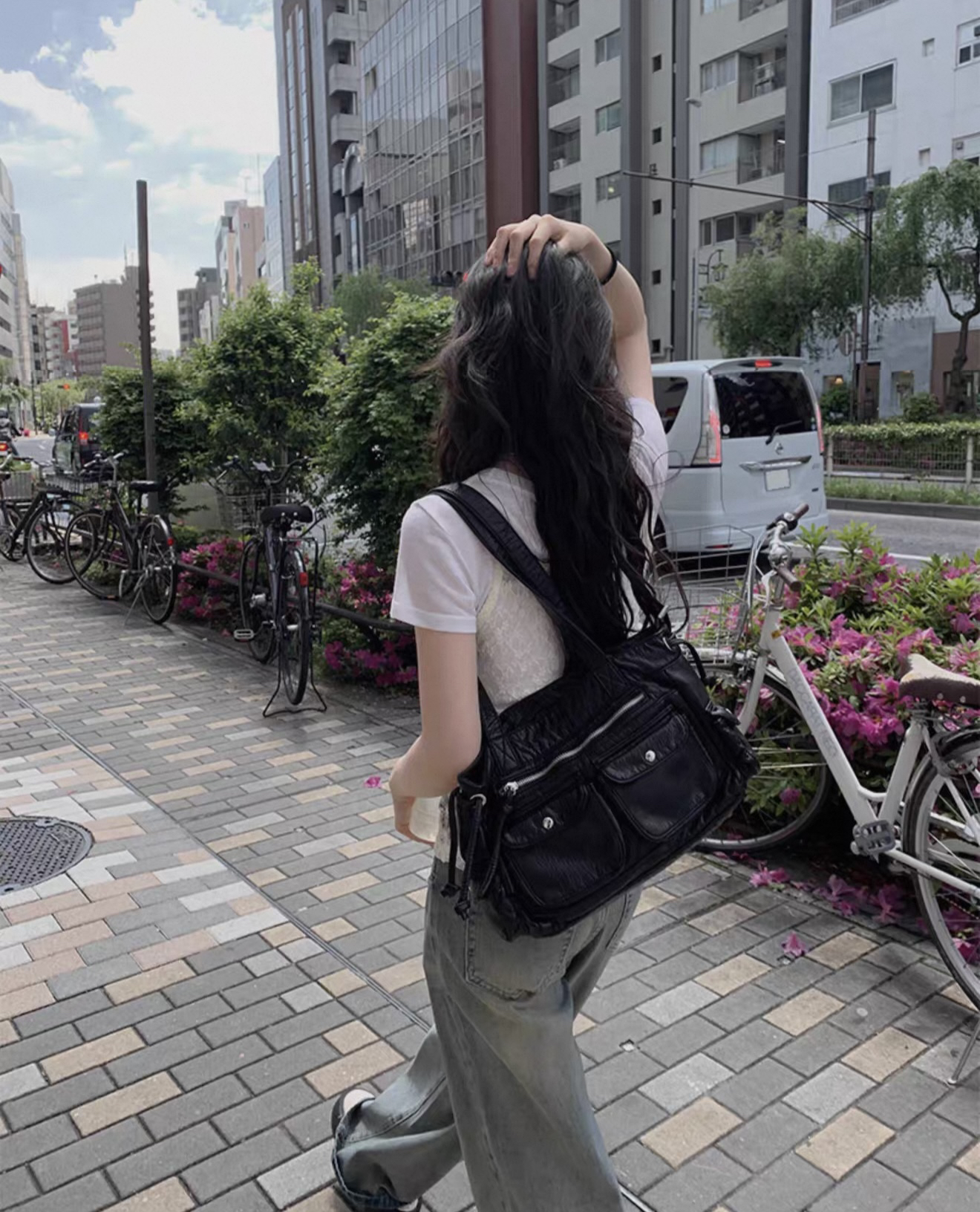 ANNA AMMONS Edgy Biker Shoulder Bag - Soft Leather Multi-Pocket Cargo Purse - ANNA AMMONS