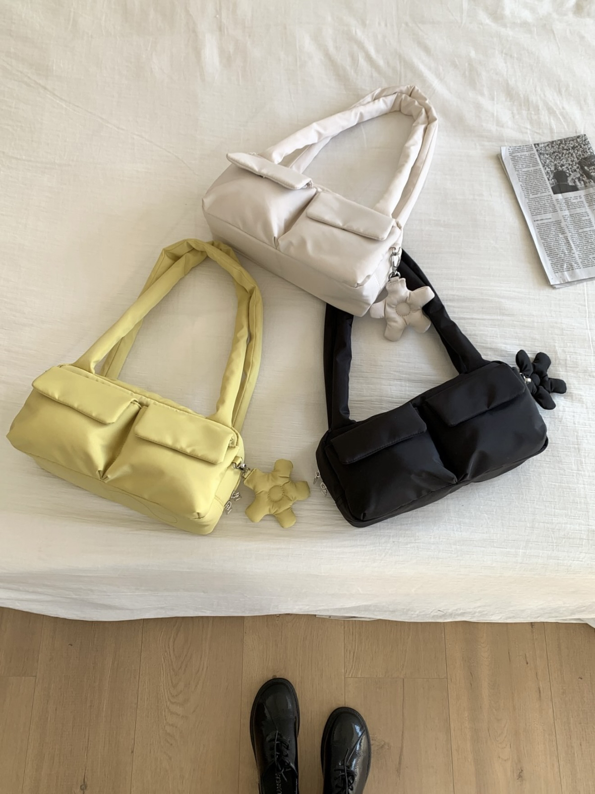 ANNA AMMONS Large Multi-Pocket Nylon Tote - Lightweight Quilted Puffy Shoulder Bag - ANNA AMMONS